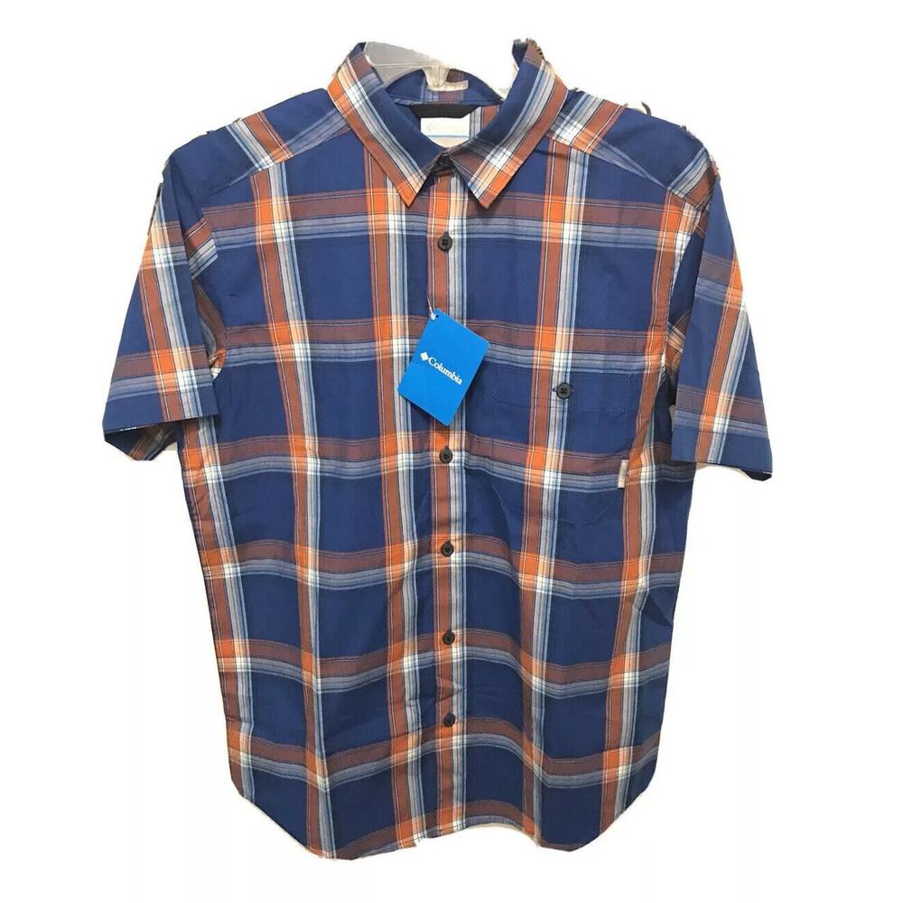 Small Columbia Short Sleeve Plaid Button‎ Up Mens Shirt Blue Orange Ivory New